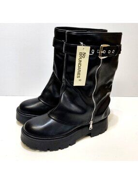 No Boundaries Foldover Moto Biker Lug Style Boot Pull-on Inside Zipper WMNS 10M